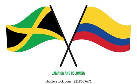 Jamaica and Colombia Flags Crossed And Waving Flat Style. Official Proportion. Correct Colors.