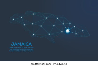 Jamaica communication network map. Vector low poly image of a global map with lights in the form of cities. Map in the form of a constellation, mute and stars