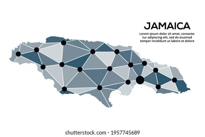 Jamaica communication network map. Vector image of a low poly global map with city lights. Map in the form of triangles and dots