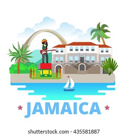 Plantilla de diseño de imán de nevera de insignia jamaicana. La vista histórica estilo caricatura plana muestra la ilustración vectorial del sitio web. Colección Norteamérica de turismo de vacaciones.