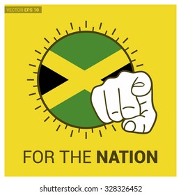 Jamaica country flag in Circle and pointing finger at viewer typography Ready for the Nation. Vector Illustration