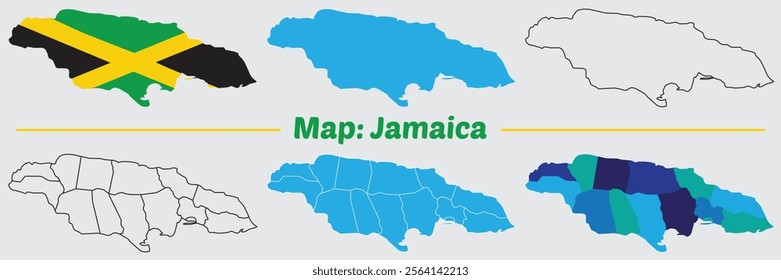 Jamaica country map set. internal provinces borders marked, Simple map of Jamaica vector drawing, Filled and outline.