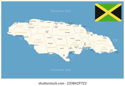 Jamaica - detailed map with administrative divisions and country flag. Vector illustration