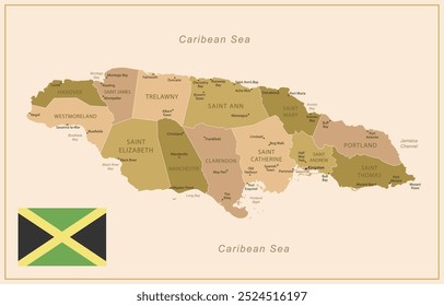 Jamaica - mapa detalhado do país em cores marrons, dividido em regiões. Ilustração vetorial