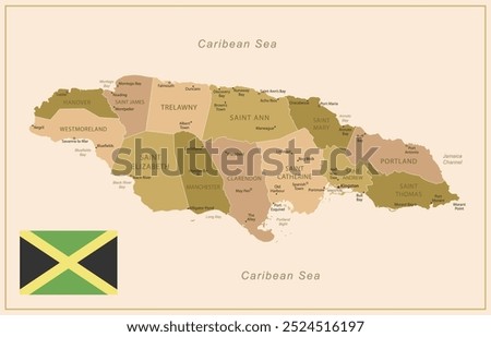 Jamaica - detailed map of the country in brown colors, divided into regions. Vector illustration