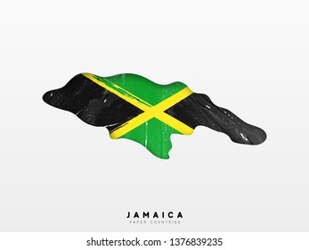 Jamaica detailed map with flag of country. Painted in watercolor paint colors in the national flag.