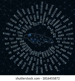 Jamaica digital map. Binary rays radiating around glowing country. Internet connections and data exchange design. Vector illustration.