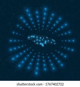 Jamaica digital map. Glowing rays radiating from the country. Network connections and telecommunication design. Vector illustration.