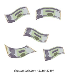 Jamaica Dollar Vector Illustration. Jamaican money set bundle banknotes. Falling, flying money 500 Db. Flat style. Isolated on white background. Simple minimal design.