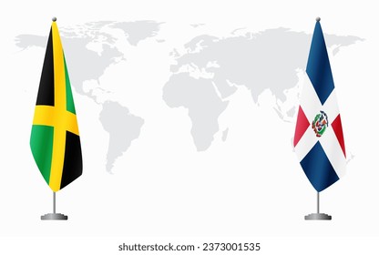 Jamaica and Dominican flags for official meeting against background of world map.