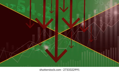 Colapso económico de Jamaica, valores decrecientes con monedas, crisis y concepto de degradación, bandera de Jamaica con cambios, flecha que cae, idea de Anuncio de noticias, falla y disminuye, declive financiero