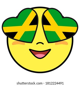 Jamaica flag button. Patriotic smile in hearts glasses. Emoji icon isolated on white background.