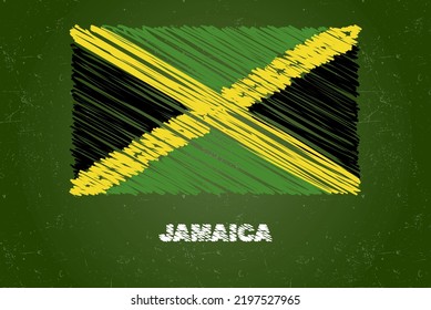 Jamaica flag with chalk effect on green chalkboard, hand drawing country flag concept, green blackboard with Jamaica flag, chalk texture, flag for kids, classroom material