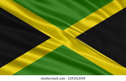 Jamaica flag design. Waving Jamaican flag made of satin or silk fabric. Vector Illustration.
