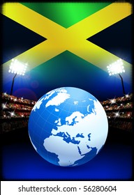 Jamaica Flag with Globe on Stadium Background Original Illustration