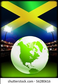 Bandera de Jamaica con un globo en el fondo del estadio Ilustración original
