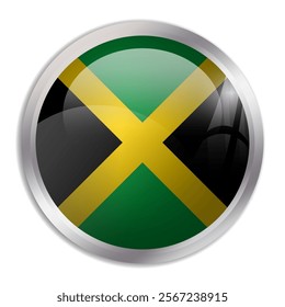 Jamaica flag - glossy circle button displays a colorful flag representing a country cultural identity and heritage. The essence of national pride and unity.