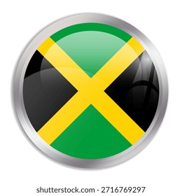 Jamaica flag - glossy circle button in metal frame displays a colorful flag of a country cultural identity and heritage. The essence of national pride and unity.