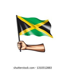 Jamaica flag and hand on white background. Vector illustration