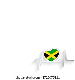 Jamaica flag heart shaped and heartbeat line isolated on white. Jamaica Patriotic Background. Vector illustration.