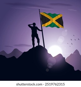 Jamaica Flag hoisted on a mountain peak with a purplish sunset in the background, vector illustration