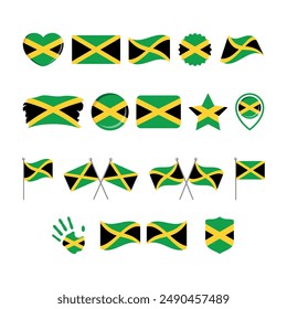 Jamaica Flag Symbol Set Vektorgrafik auf einem weißen Hintergrund. Grafikdesign-Element für jamaikanische Flagge. Flagge von Jamaika-Ikonen im flachen Stil. Jamaika-Symbole Kollektion