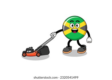 jamaica flag illustration cartoon holding lawn mower , character design