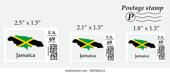 Jamaica flag map on postage stamp different size.