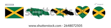 jamaica flag and map set. jamaica flag in official colors and proportions. independence day 6 august , map, circle and heart shaped jamaica	