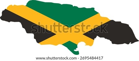 Jamaica flag map vector showing national colors inside island borders. Symbol of Caribbean pride, reggae culture, and tropical beauty. Perfect for design and travel projects