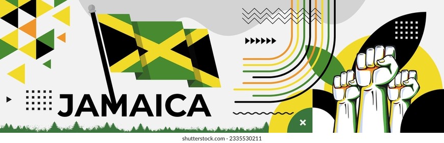 Jamaica flag for national day banner, green yellow black colors background and geometric abstract modern design. Jamaican flag independence day corporate business theme. Vector Illustration.