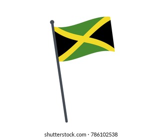 Jamaica flag. The national flag of Jamaica on a pole. The waving flag. The sign and symbol of the country. Realistic vector on white.