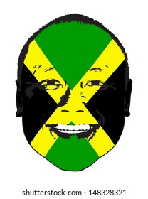 A Jamaica flag on a face, isolated against white. 