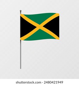 Jamaica flag on flagpole. Vector illustration.