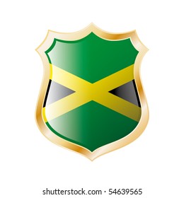 Jamaica flag on metal shiny shield vector illustration. Collection of flags on shield against white background. Abstract isolated object.