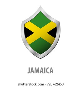 Jamaica flag on metal shiny shield vector illustration.