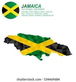 Jamaica flag overlay on Jamaica map with polygonal style.(EPS10 art vector)