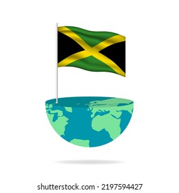 Jamaica flag pole on globe. Flag waving around the world. Easy editing and vector in groups. National flag vector illustration on white background.