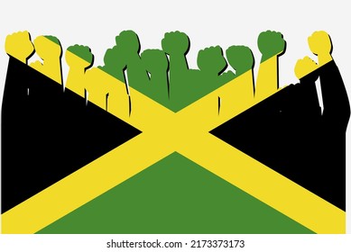 Jamaica flag with raised protest hands vector, country flag logo, Jamaica protesting concept, flat design, against idea