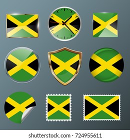 Jamaica flag set collection in badges, labels, watch, stamps,shields, buttons