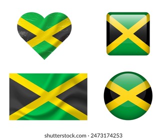 Jamaica flag set of icons. Vector flag of Jamaica, symbol. Set of Jamaica flags button, waved, heart.