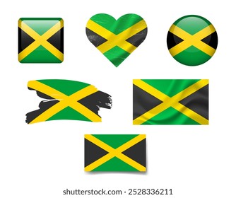 Conjunto de ícones da bandeira da Jamaica. Bandeira da Jamaica, símbolo. Conjunto de Jamaica bandeiras botão, escova, acenado, coração.