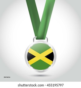 Jamaica Flag in Silver Medal. Vector Illustration. RIO Olympic Game silver Medal. Vector Illustration