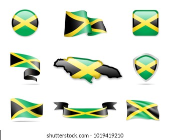 Jamaica Flags Collection. Flags and contour map. Vector illustration