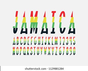 Jamaica font. Vector alphabet letters and numbers. Typeface design. 

