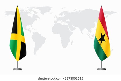 Jamaica and Ghana flags for official meeting against background of world map.