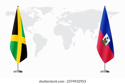 Jamaica and Haiti flags for official meeting against background of world map.