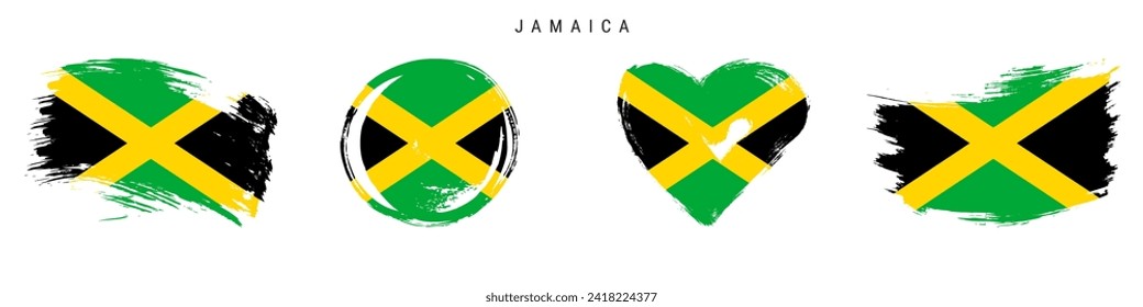 Juego de iconos de bandera de estilo grunge dibujado a mano en Jamaica. Banner jamaiquino con colores oficiales. Forma de trazo de brocha libre, círculo y forma de corazón. Ilustración vectorial plana aislada en blanco.