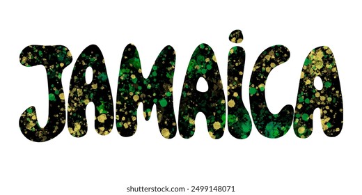 Jamaica handwritten word with stained texture in national flag colors. Lettering design for Jamaican holiday poster, banner and card.