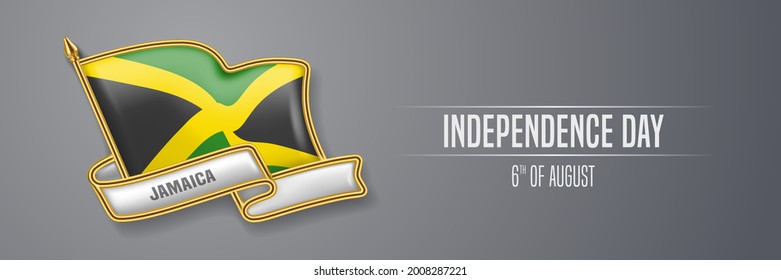 Jamaica happy independence day greeting card, banner vector illustration. Jamaican national holiday 6th of August design element with 3D pin with flag